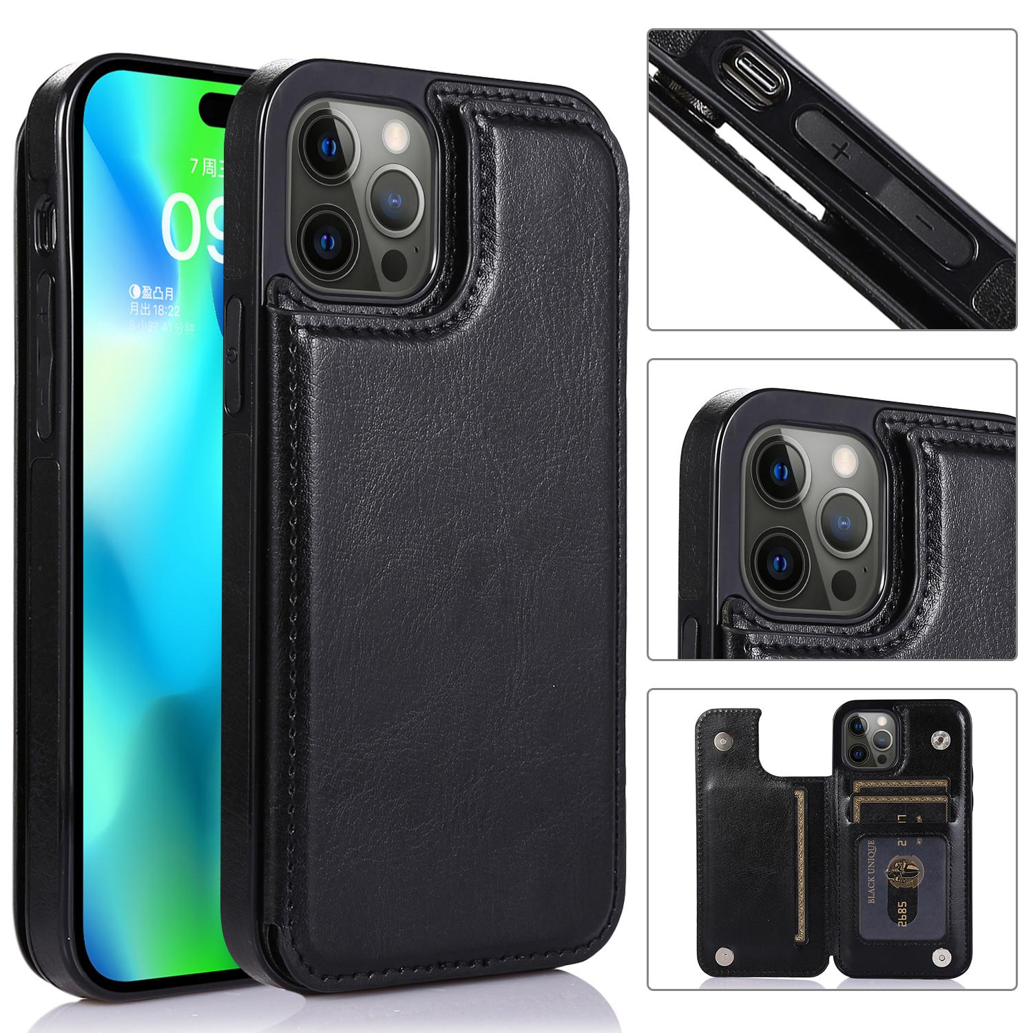 iPhone 14 Pro Max Hybrid Leder Hülle mit Kartenfach   Kickstand Aufsteller - Schwarz