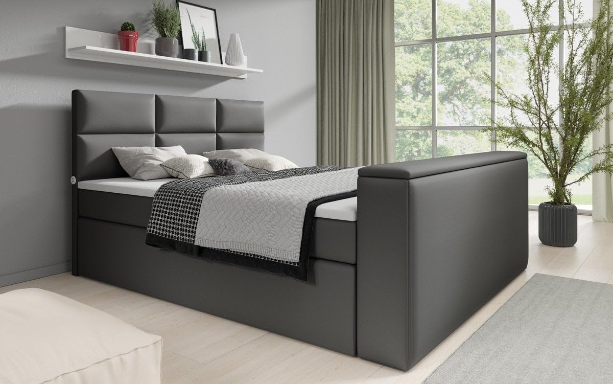 Boxspringbett Carre 180x200 Doppelbett Polsterbett Bett mit TV Lift, USB-Anschluss | Bezug: Kunstleder | Farbe: Grau | Härtegrad: H3 (70-100kg)