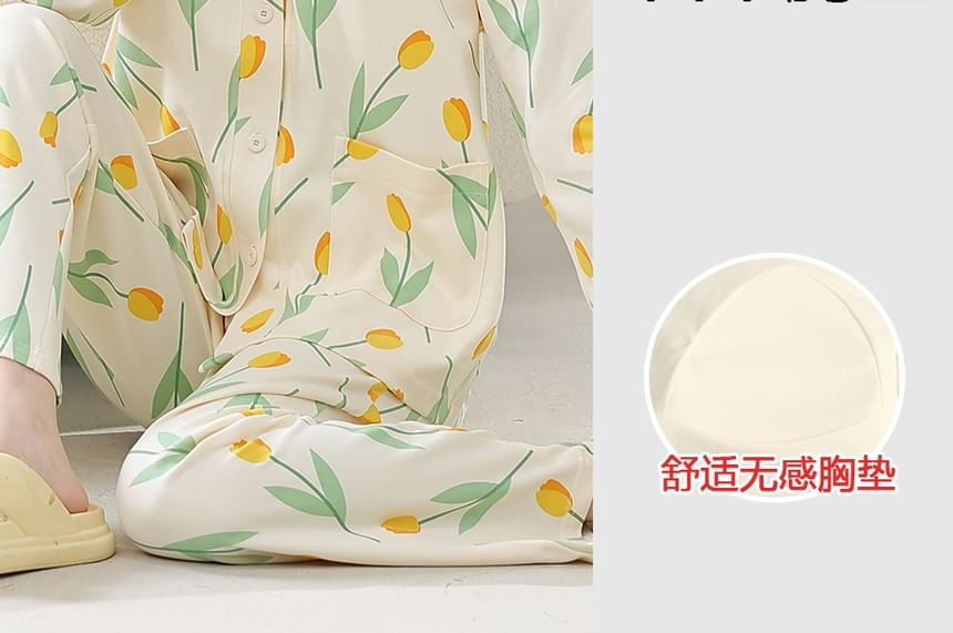 Jeony - Pyjamaset: lange mouwen, gewatteerde top met bloemenprint + broek