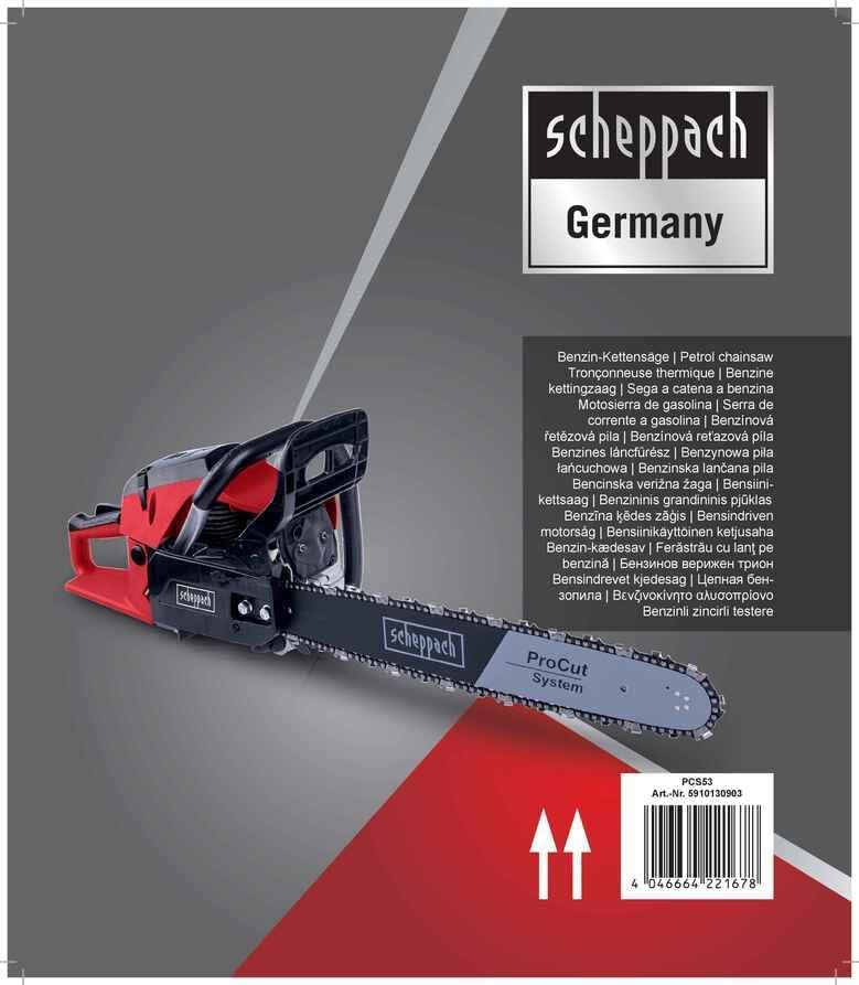 Scheppach Benzin Baumpflegesäge PCS53 Kettensäge mit 47cm Schnittdurchmesser | 2 Takt Benzinmotor 2,7PS Leistung | Schwertlänge 51cm | Hubraum 53cm³ | Automatische Kettenschmierung & Kettenbremse