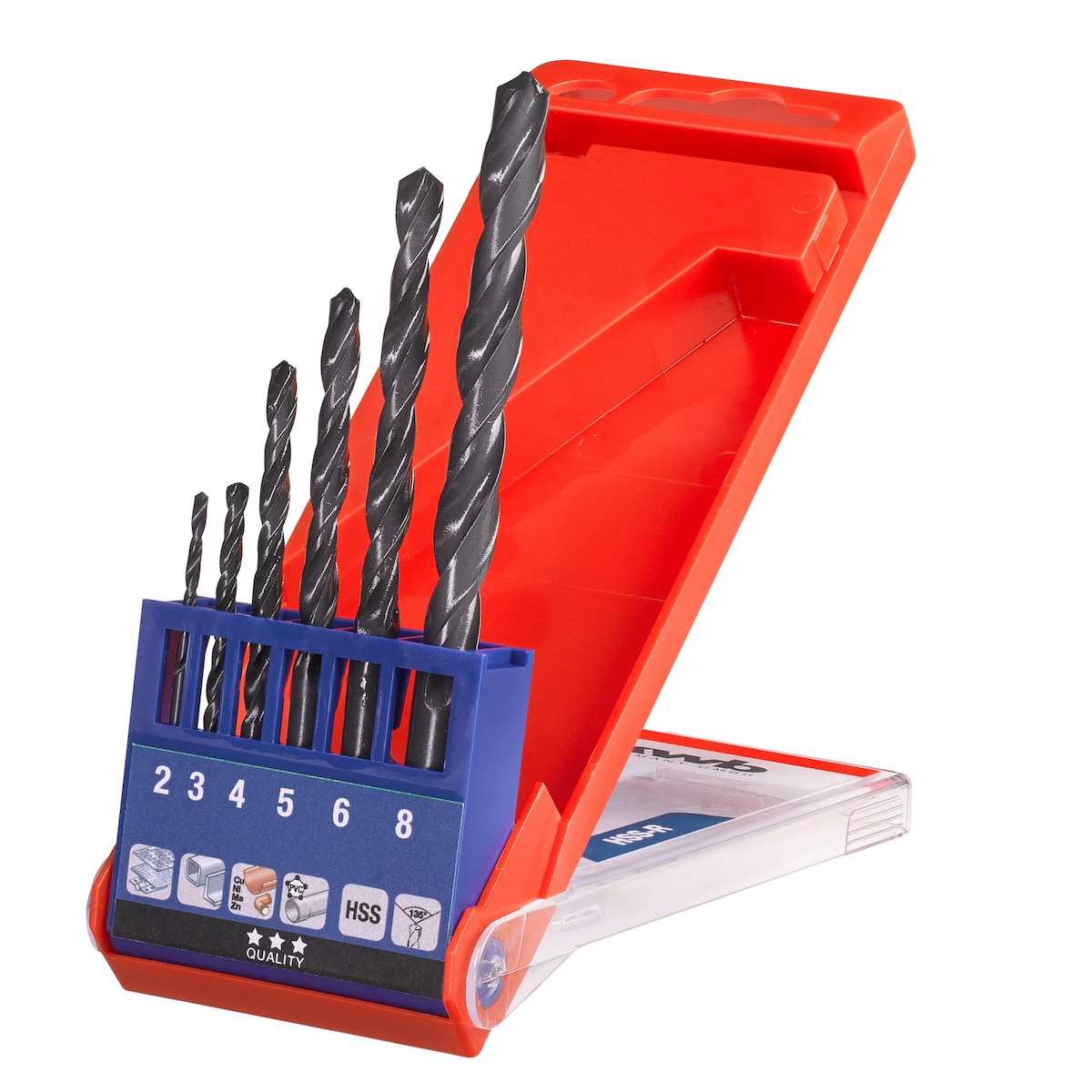 HSS-borsett, 2-8 mm, i kasse, 6 deler