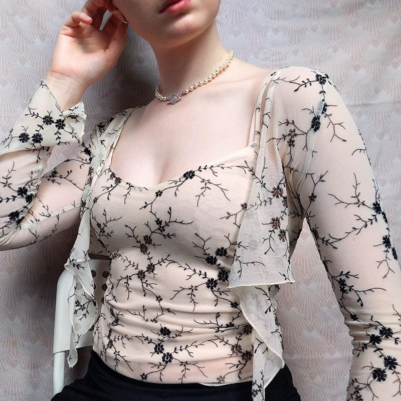 Trisica - Set: Lange mouwen bloemenprint bolero + ronde hals slim-fit cami top