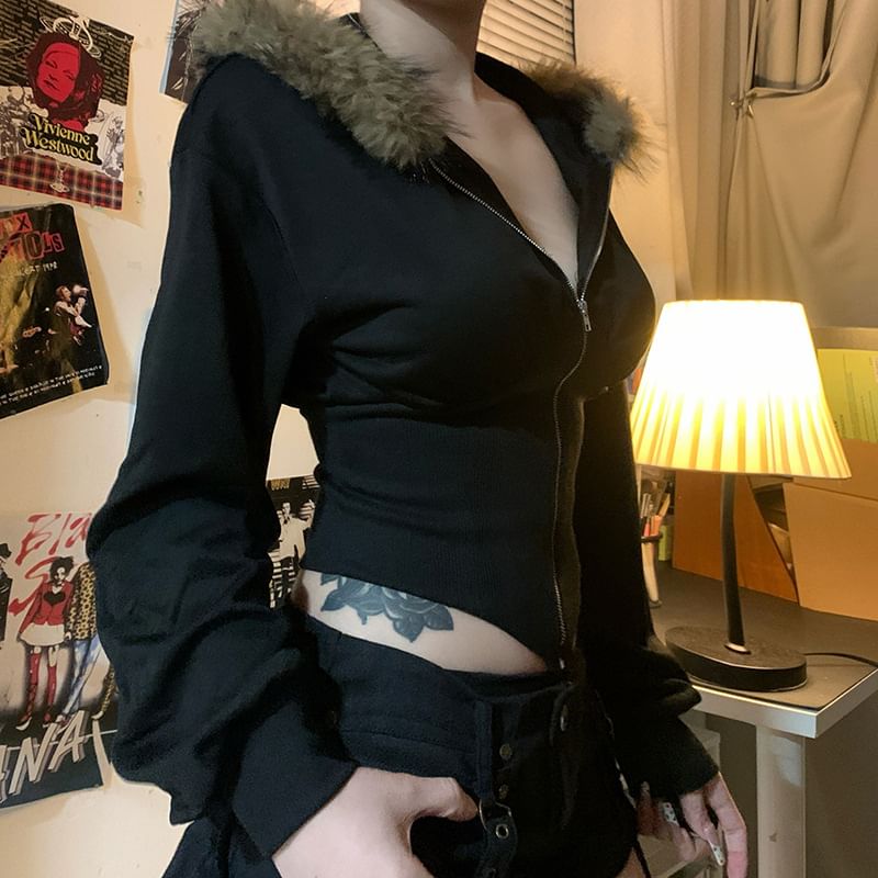 BrickBlack - Cropped jack met capuchon en rits en zachte rand