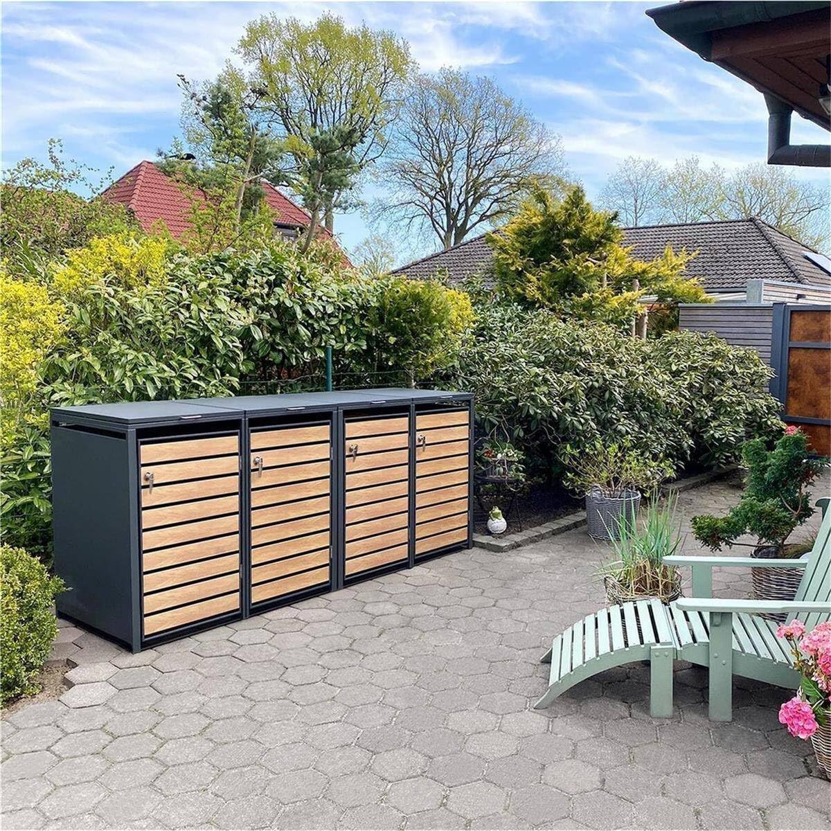 Metzler Mülltonnenbox in Anthrazit & Holzoptik 4er 240L, Mülltonnenverkleidung 4 Tonnen, witterungsbeständiger und pulverbeschichteter Stahl mit Automatikdeckel, abschließbar, Garten- und Müllbox