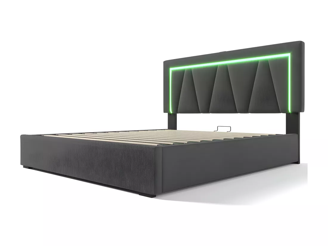 Lit coffre rembourré 160x200cm avec LED et Port de charge USB et Type-C - Tissu en Lin - sommier à lattes - Gris