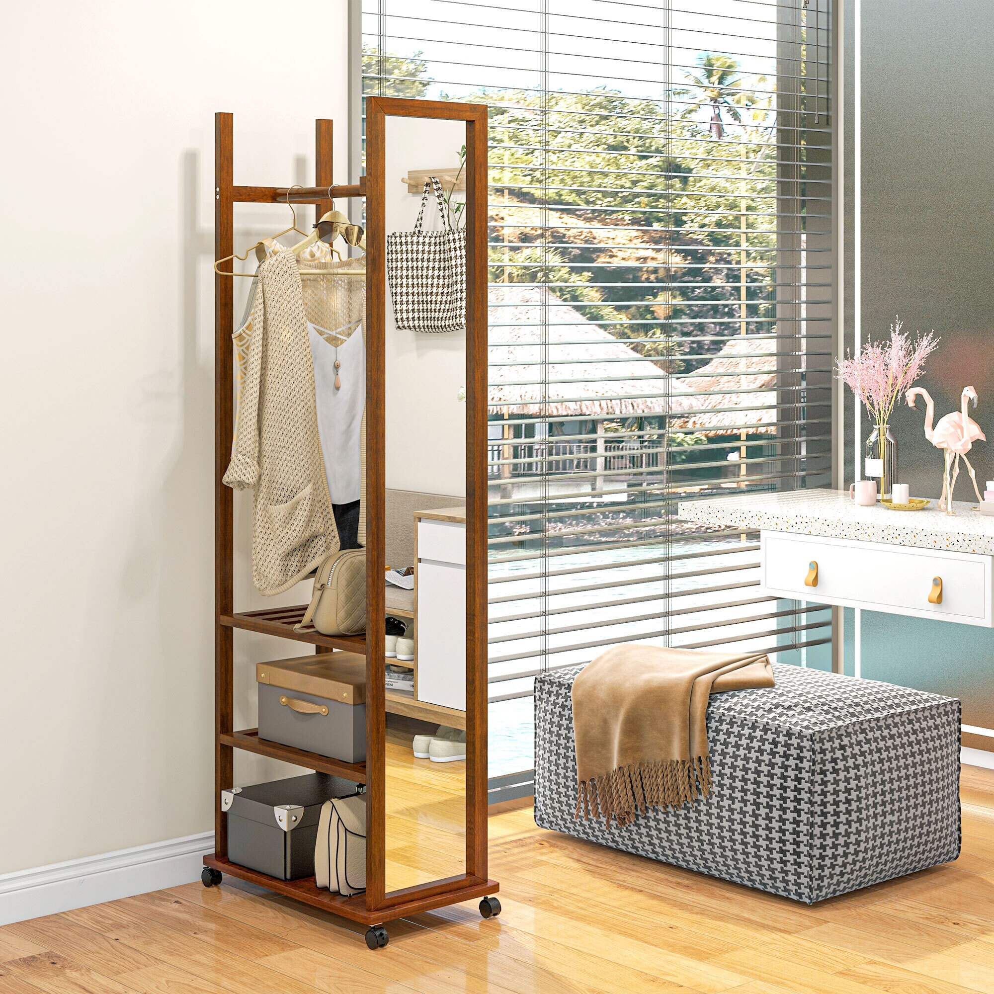 HOMCOM Standspiegel mit Regal und Rollen natur 35,8L x 59,8B x 170H cm