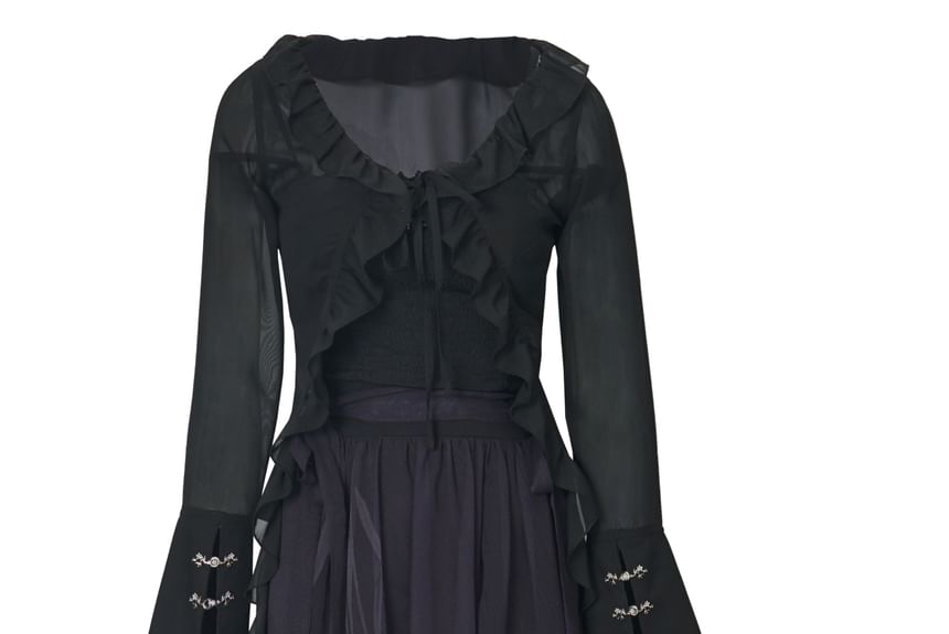 Florimi - Maxi A-lijn rok met mesh en hoge taille en bladprint