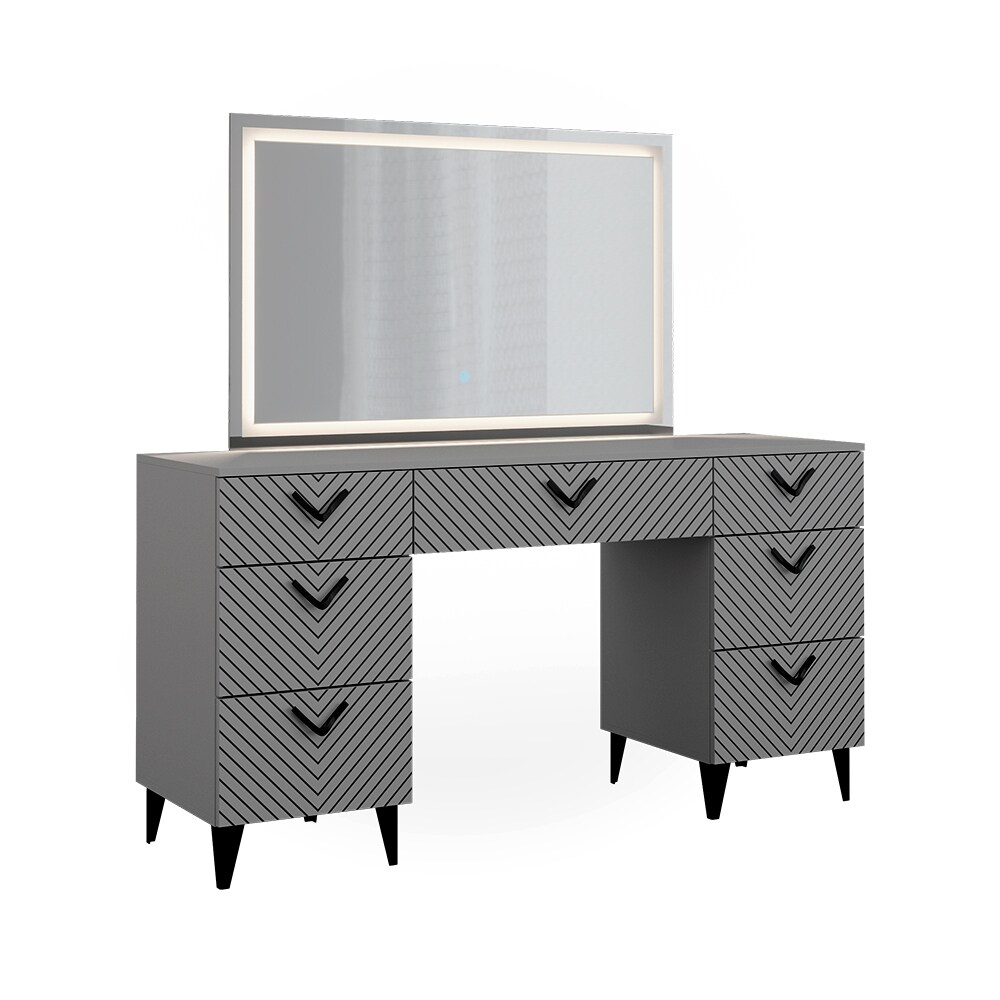 Vicco Schminktisch Anett Grau mit LED-Spiegel, 150 x 78 cm, 7 Schubladen