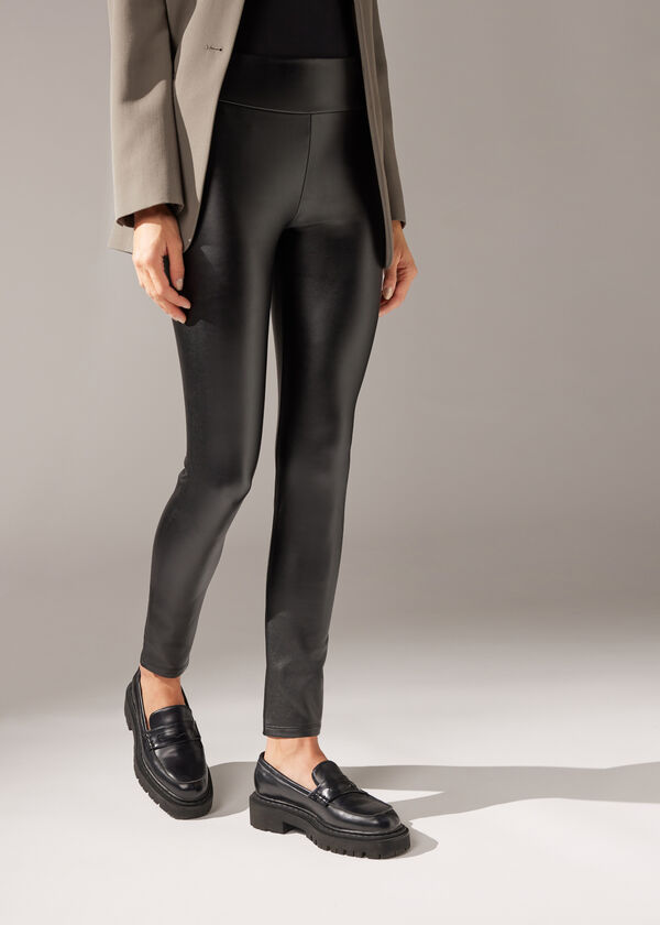 Calças legging com efeito de couro térmico