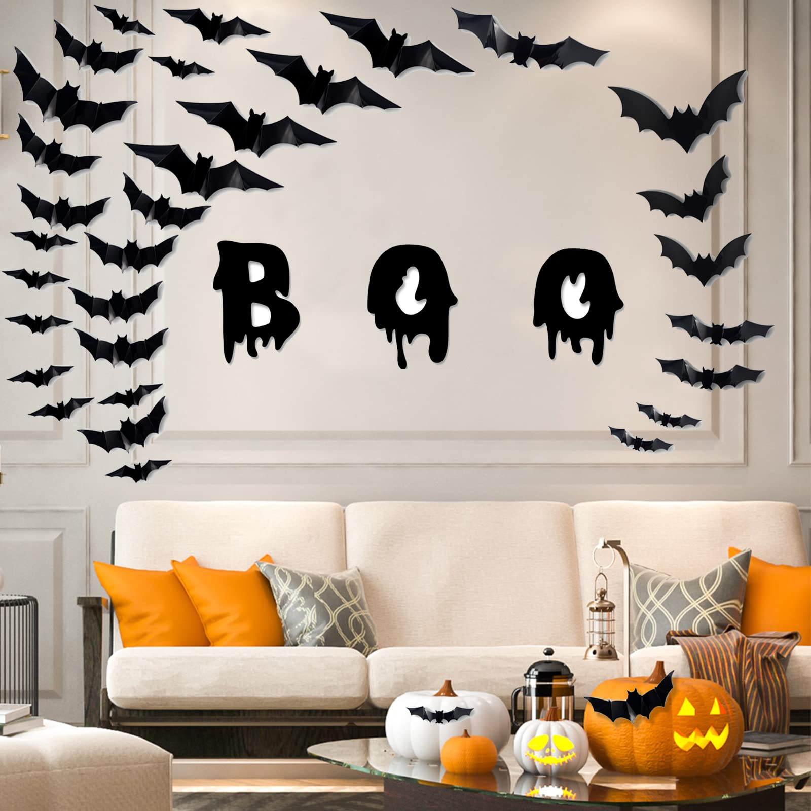 (84er Set) Halloween Party Deko Fenster Aufkleber Fledermäuse Wand Sticker mit Klebesticker - Schwarz