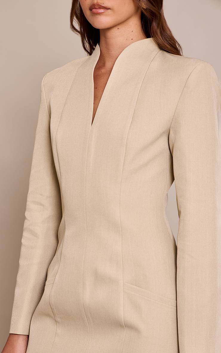 Crème Robe Blazer Tissée Sans Col À Manches Longues