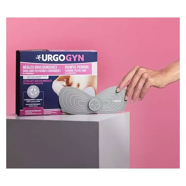 Adesivo de eletroterapia Urgo Urgogyn para cólicas menstruais, recarregável.
