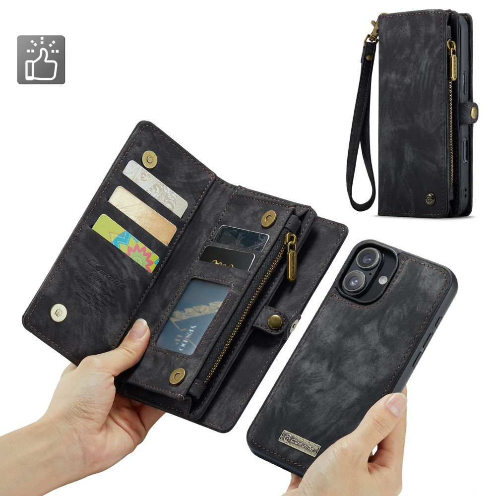 iPhone 16 2in1 Leder Tasche   Magnet Hardcase Karten Etui - Schwarz