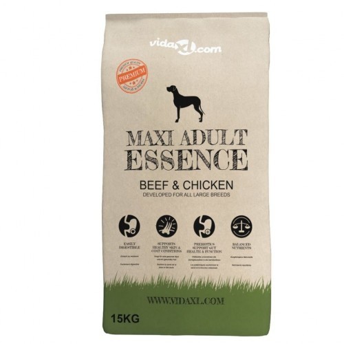 Ração Maxi Adult Essence para cães, sabor carne bovina e frango.