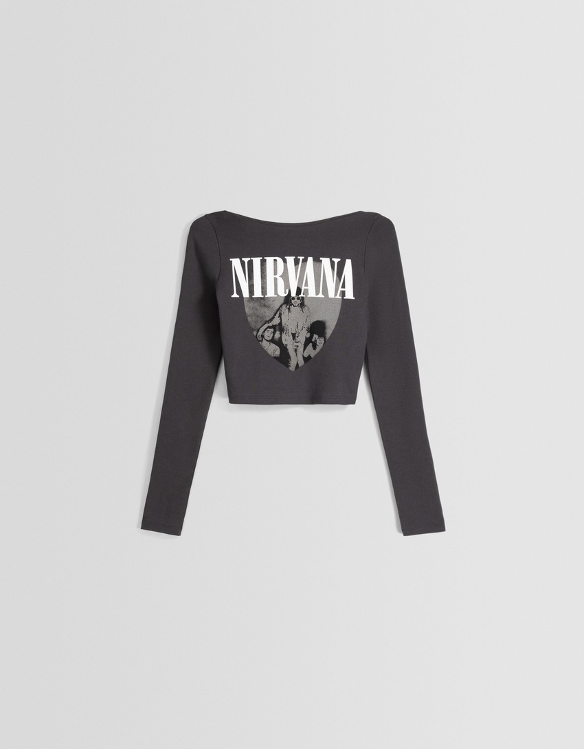Camiseta Nirvana de manga comprida e costas abertas com estampa.
