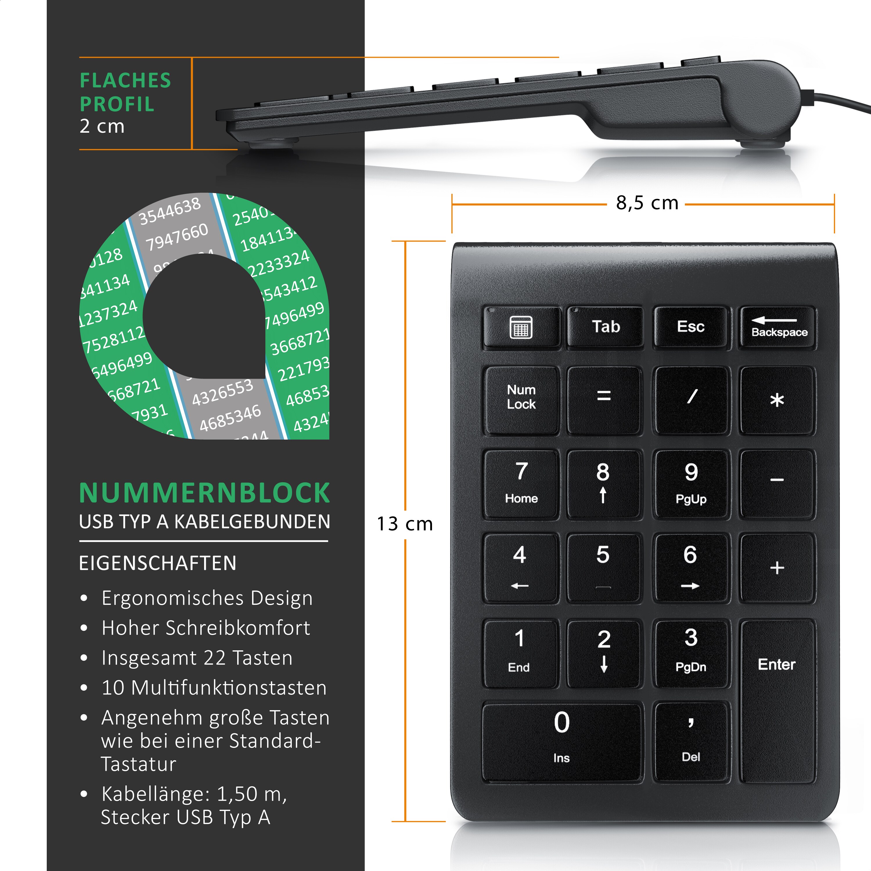 Aplic Numpad 22 Tasten - Keypad kabelgebunden USB Typ A - Ziffernblock mit 10 Multifunktionstasten - Multimedia-Keys - geneigte Tastatur - für PC