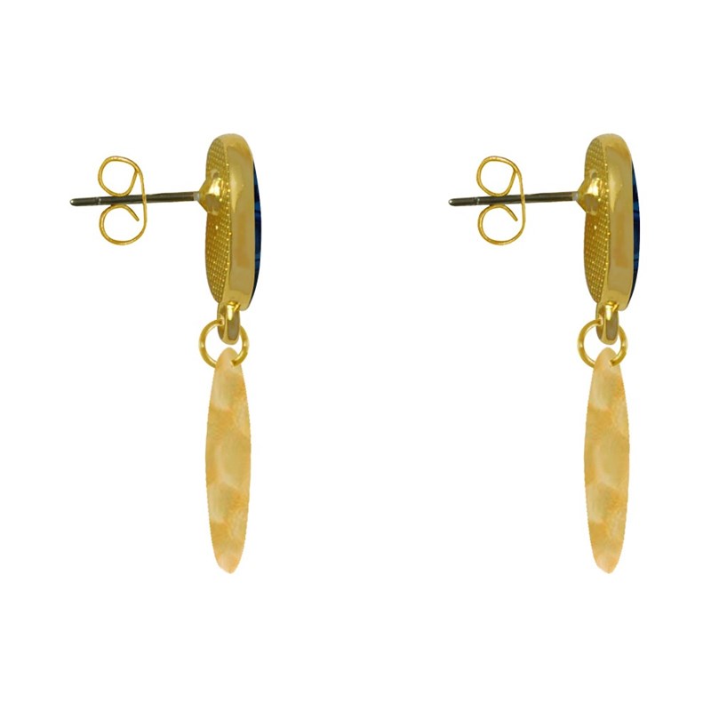 Boucles d'Oreilles Laiton Doré Ovale Soleil en Résine et Pastille Martelée