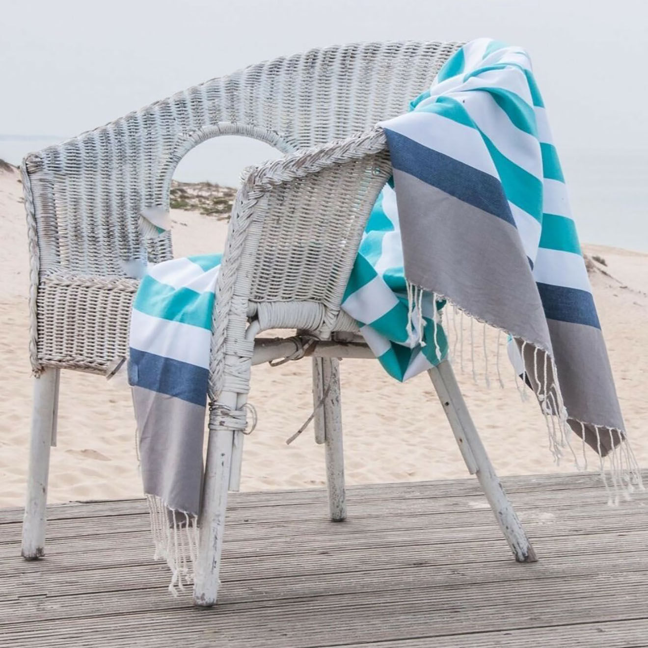Febronie Fouta Arcachon blanc/taupe clair/turquoise/bleu jean - 100x200 cm