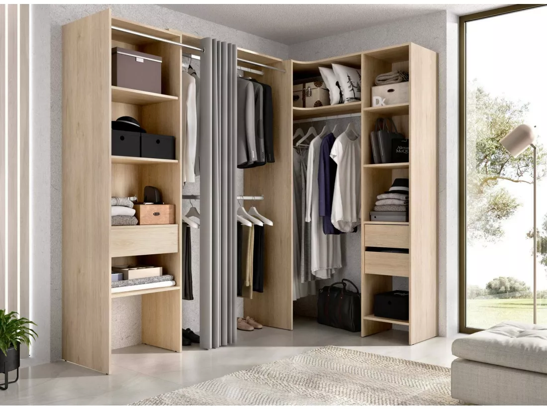 Grande Garde-robe Dtheegal, Meubles de chambre, Penderie de plain-pied, Placard à vêtements, 214x141 h205 cm, Chêne clair