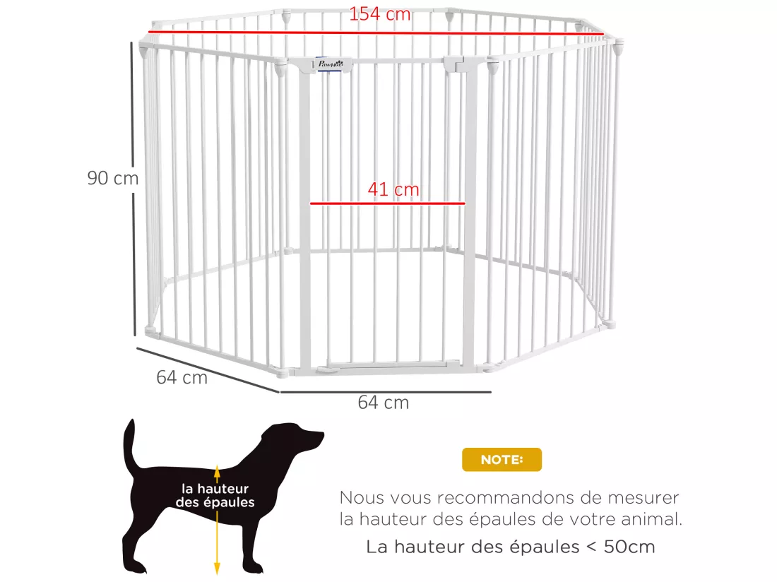 Barrière de sécurité parc enclos chien modulable pliable porte verrouillable intégrée 8 panneaux acier PP blanc