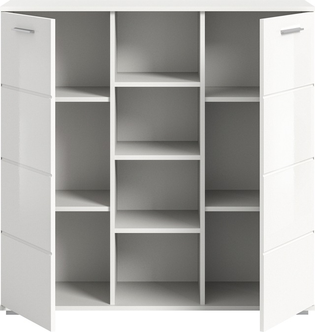 INOSIGN Highboard »Valge, Höhe 108 cm, 2 Türen, 4 verstellbare Böden, 4 offene Fächer« Front-Rillenfräsung, Schuhschrank, Anrichte, Kommode, Sideboard