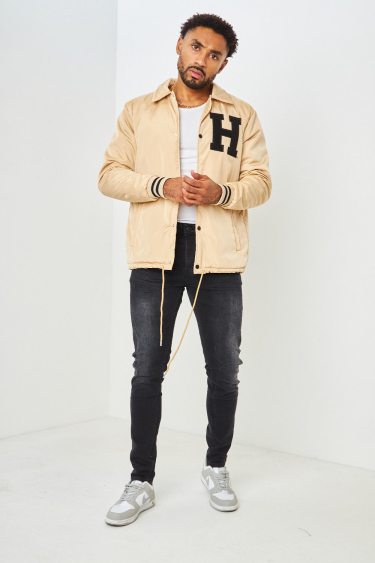 Veste beige foncé à col rabat brodée 
