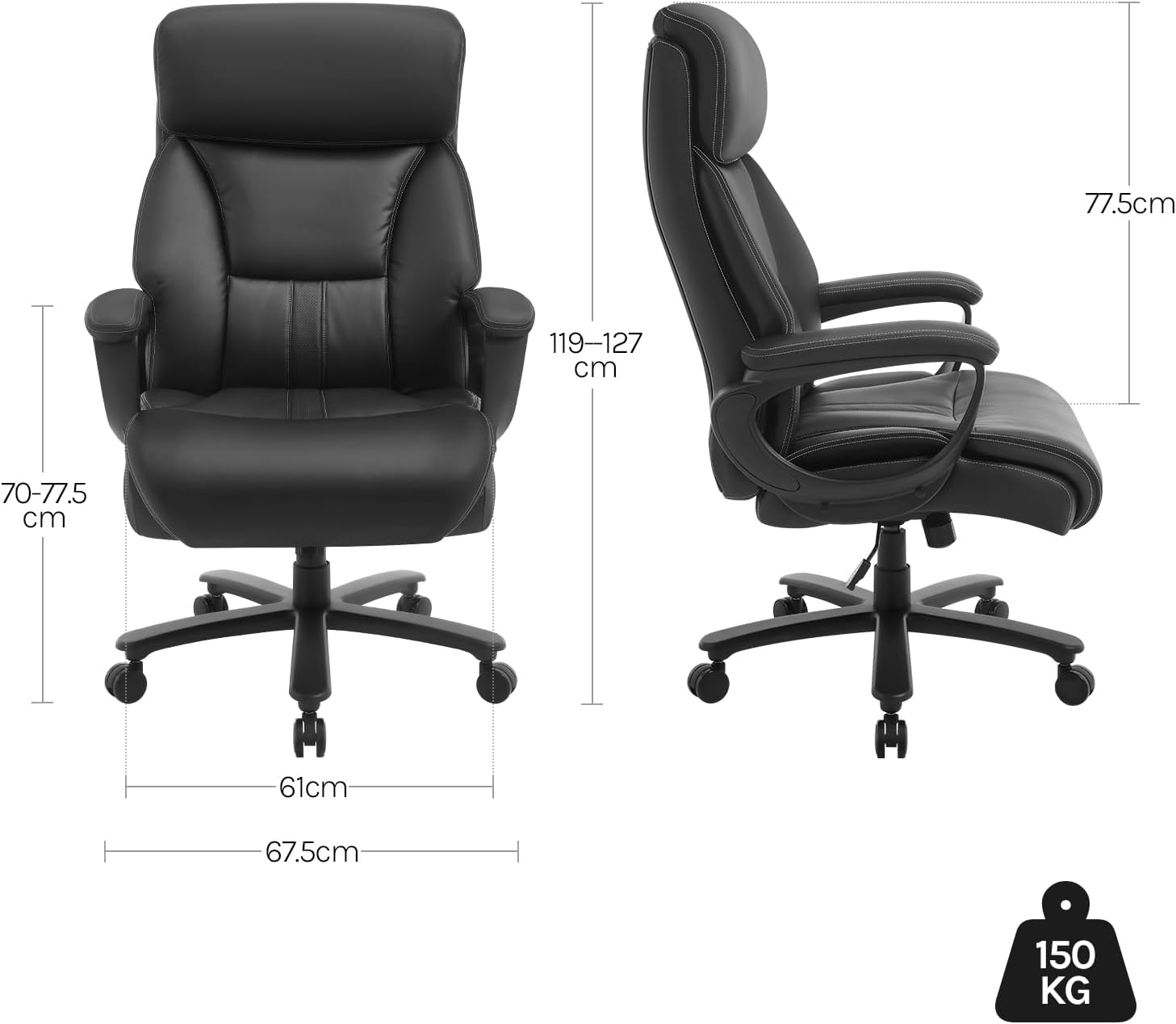 WOLTU Bürostuhl Chefsessel 150 kg, Ergonomischer Großer Computer Schreibtischstuhl, Bürosessel mit Kopfstütze for Büro, Gaming-Raum oder Konferenzraum, Kunstleder, Schwarz