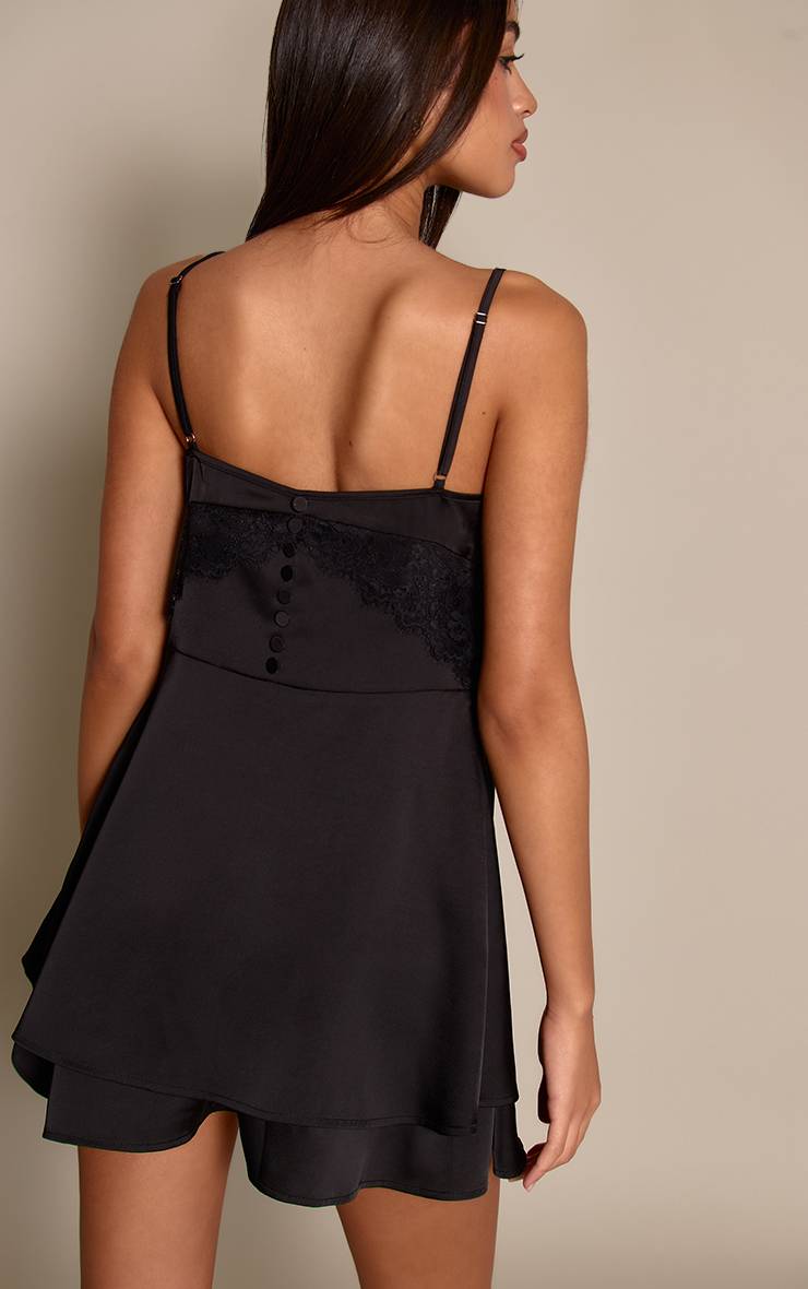 Noir Robe Babydoll En Satin À Bretelles Avec Détails En Dentelle