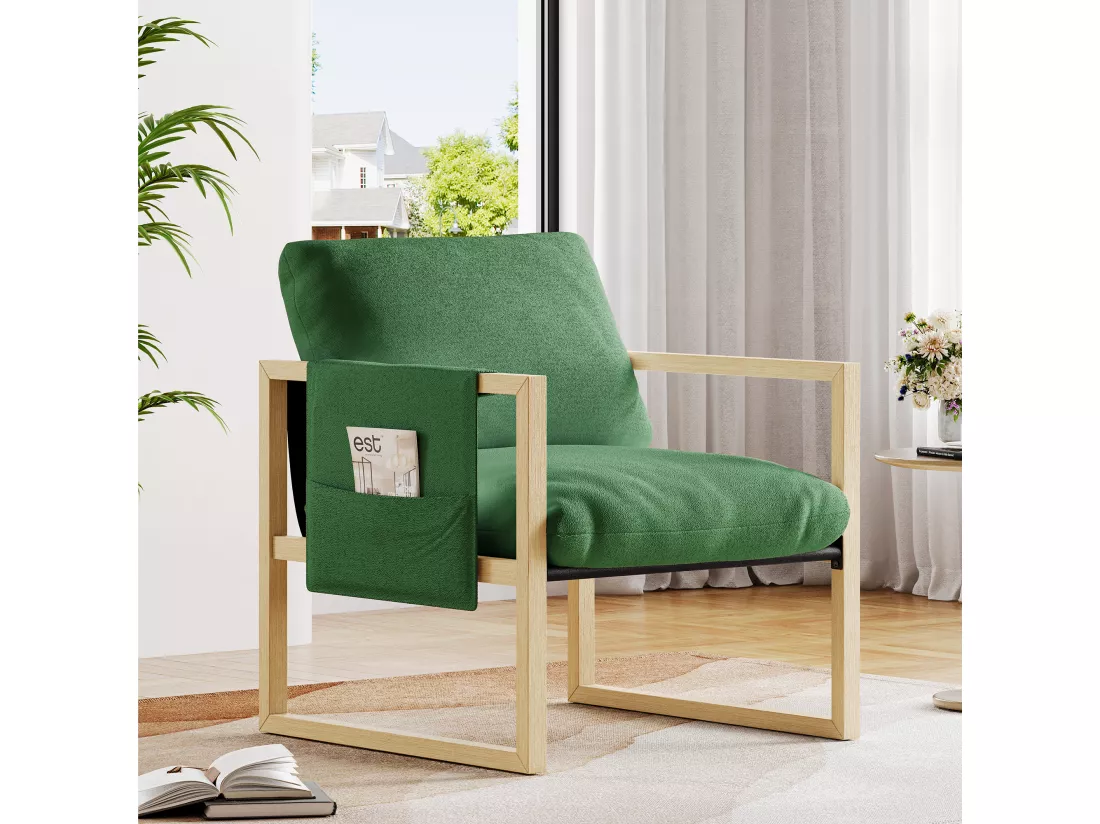 Fauteuil relax - Fauteuil scandinave - Fauteuil rembourré en tissu sherpa - ergonomique - Bois Massif - Vert - 79x68x83CM