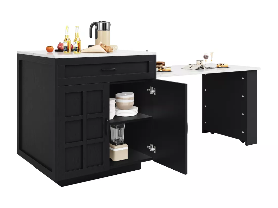 Ilot central de cuisine, table à manger 4 à 6 couverts - 2 tiroirs, 2 portes et étagères - 133/202 x 70 x 93.5 cm - MDF - Noir