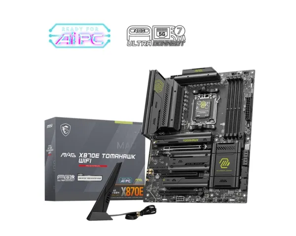 MSI MAG X870E TOMAHAWK WIFI - Bundkort - ATX - Socket AM5 - AMD X870E Chipset - USB-C 3.2 Gen 2x2, USB-C 3.2 Gen2, USB 3.2 Gen 2, USB 3.2 Gen 1, USB4 - 5 Gigabit Ethernet, Wi-Fi 7 - onboard grafik (CPU påkrævet) - HD Audio (8-kanaler)