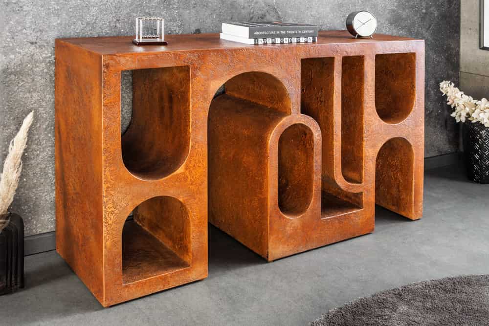 Abstrakter Konsolentisch ART AMBIENTE 120cm kupfer Edelrost-Look Beton Rundbogen-Design