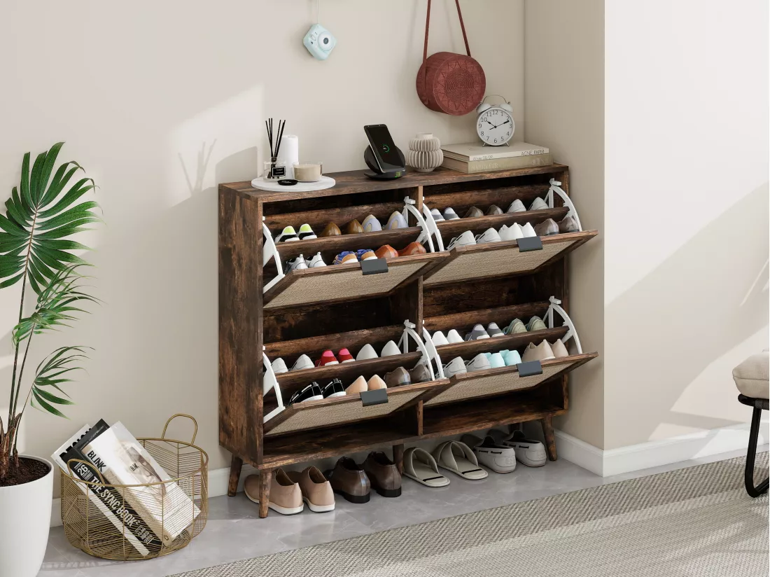 Meuble à chaussures rétro marron à 4 portes, look en rotin, double étagère, 105 cm, avec fond arrière, idéal pour couloir et espaces similaires