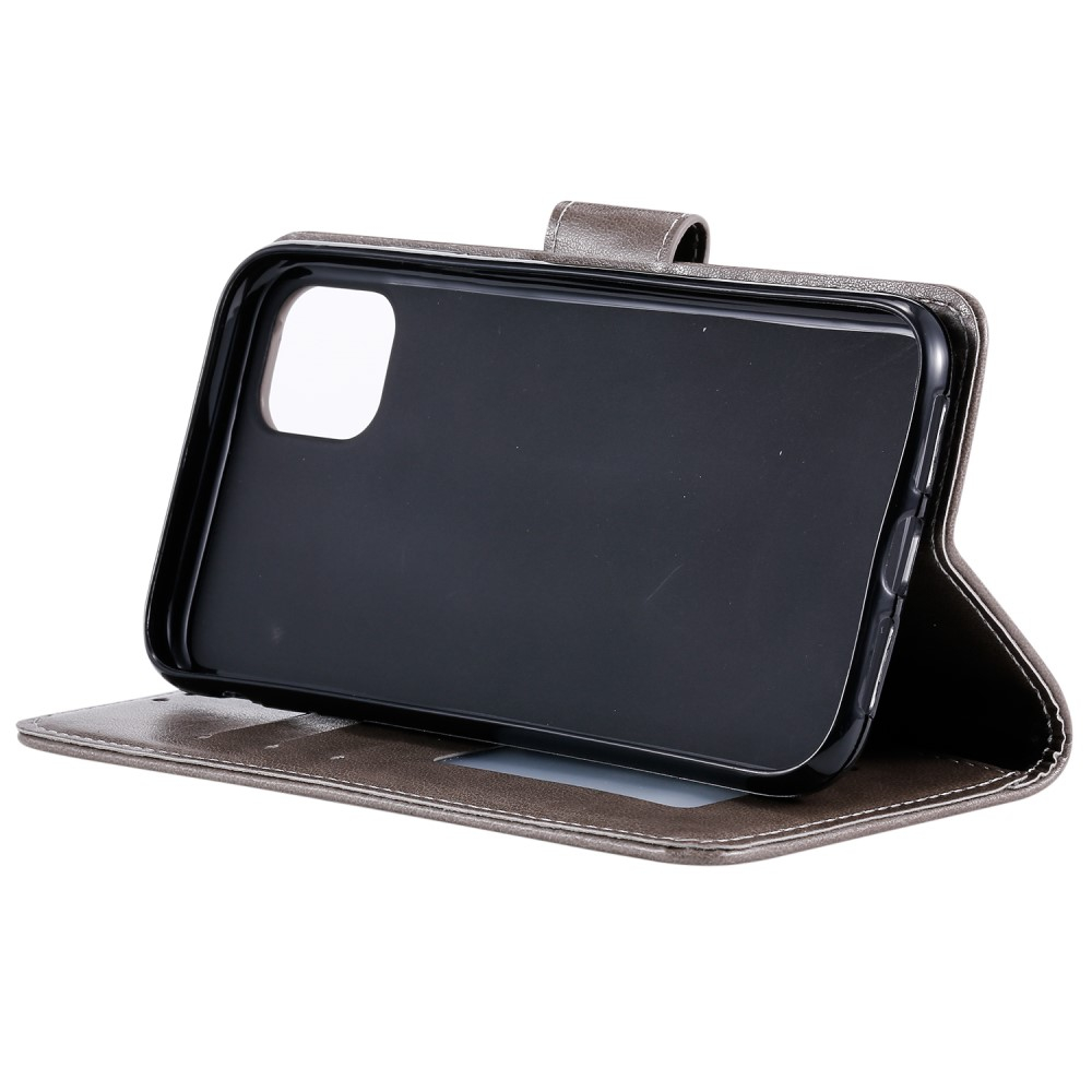 iPhone 13 Pro Leder Tasche Wallet - Mandala Flowers Imprint - Grau