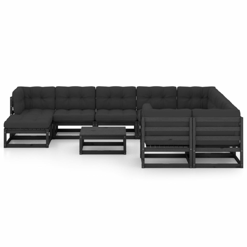 Salon de jardin meuble d'extérieur ensemble de mobilier 11 pièces avec coussins noir bois de pin massif