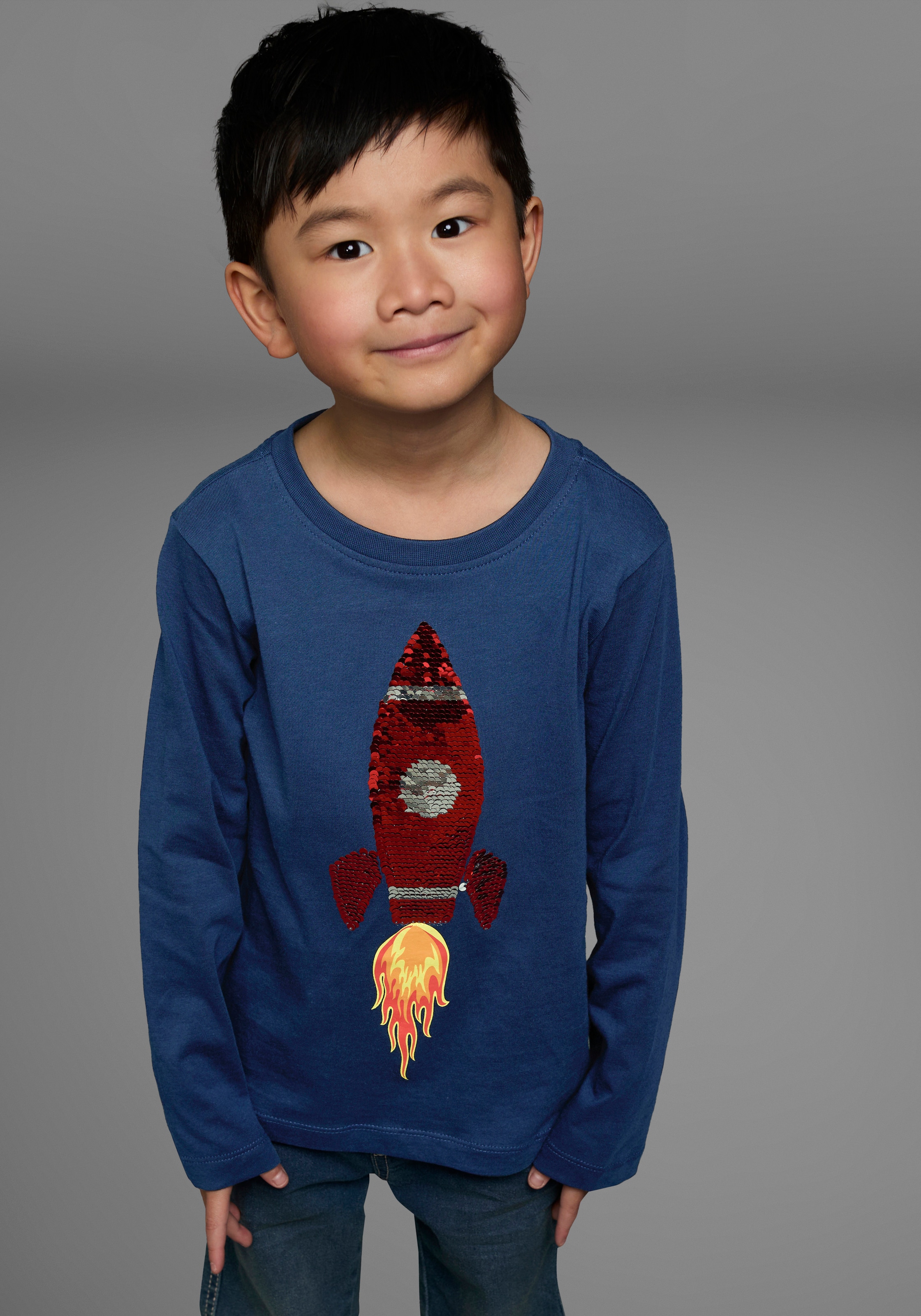 KIDSWORLD Langarmshirt »Rakete aus Wendepailletten«, langärmelige,  Basic-Passform,  aus Jerseystoff,  aus  Baumwolle