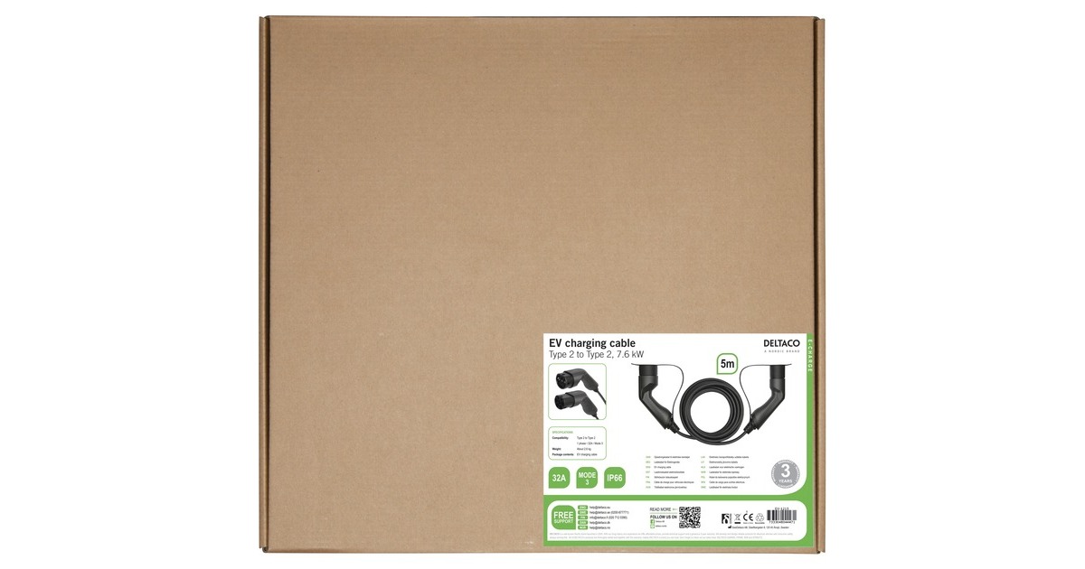 DeltacoEV-1215 e-Charge kabel  (Zwart, 5 meter, 1-fase, 7.6KW, 32A)