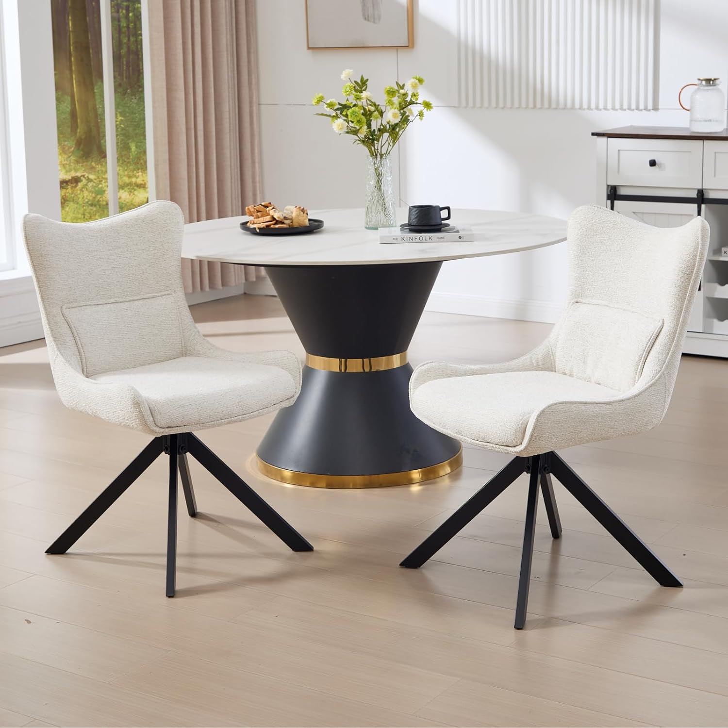 360°Drehbar Esszimmerstühle 2er Set, Drehstuhl aus Chenille Küchenstuhl Polsterstuhl mit Metallbeine für Esszimmer Wohnzimmer Küche Büro, Beige