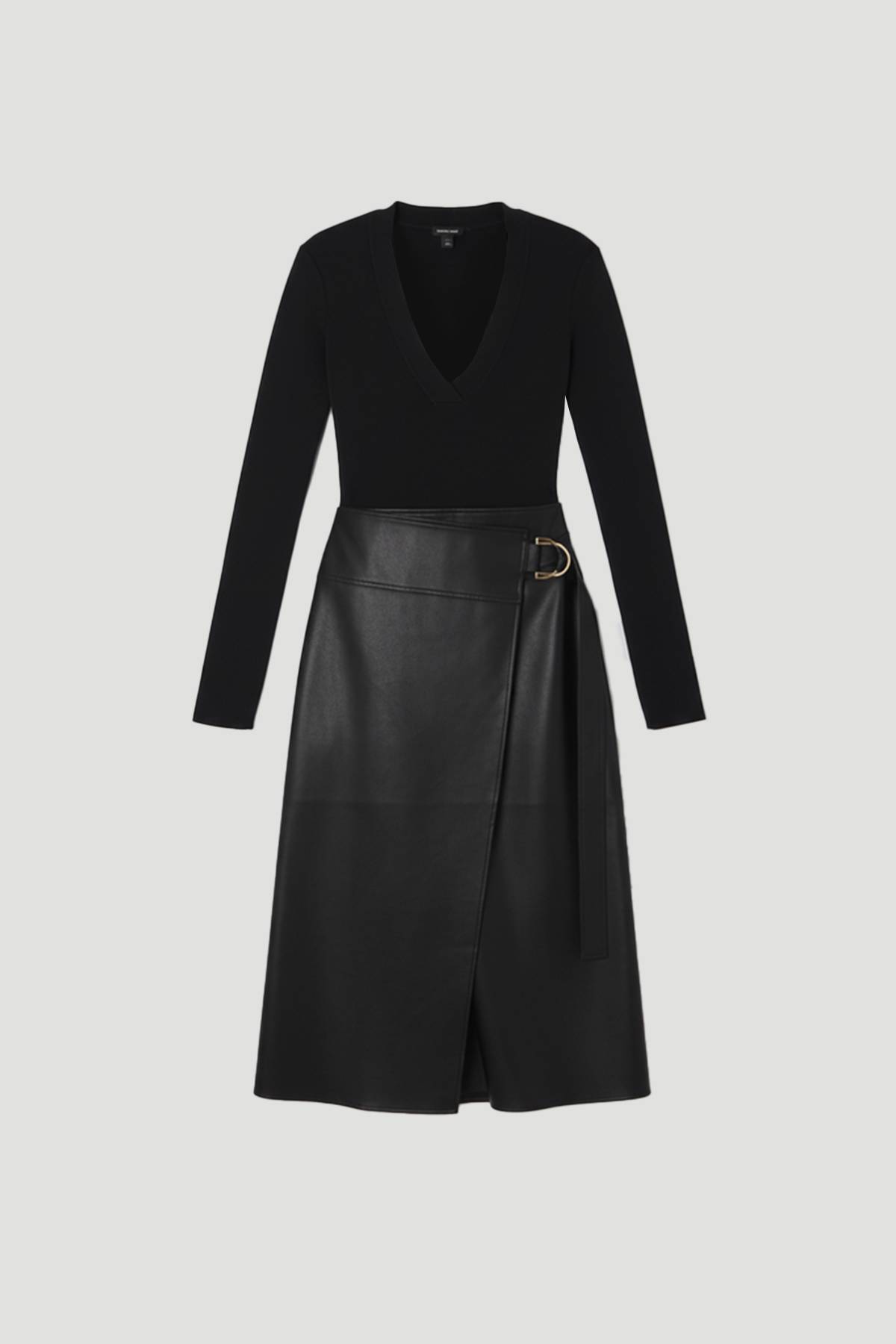 KarenMillen Robe Mi-Longue en Maille Plissée avec Détails d'Onglets en synthétiquecuir - Coupe Petite Taille