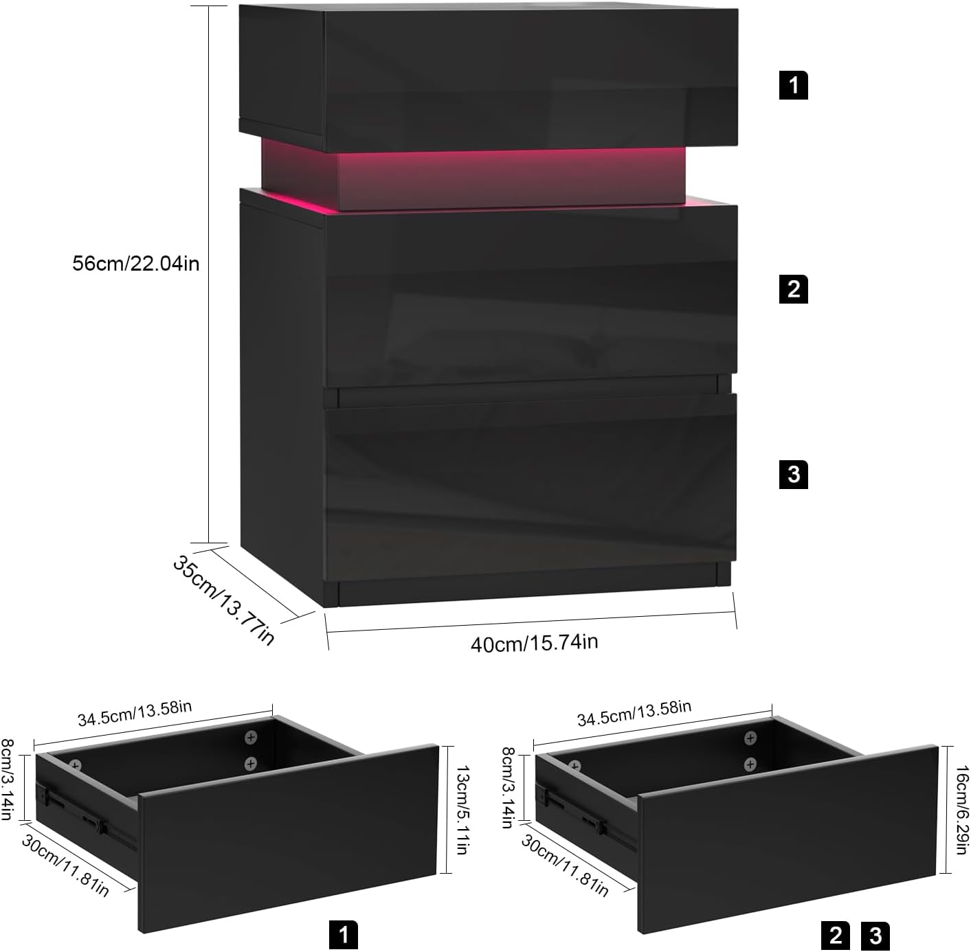 2er Set Nachttisch mit LED-Beleuchtung, Nachttisch Schwarz Hochglanz Beistelltisch, Einstellbare Farben, Sofatisch 3 Schubladen, Nachtschrank Schlafzimmer, 35x40x55cm, Schwarz