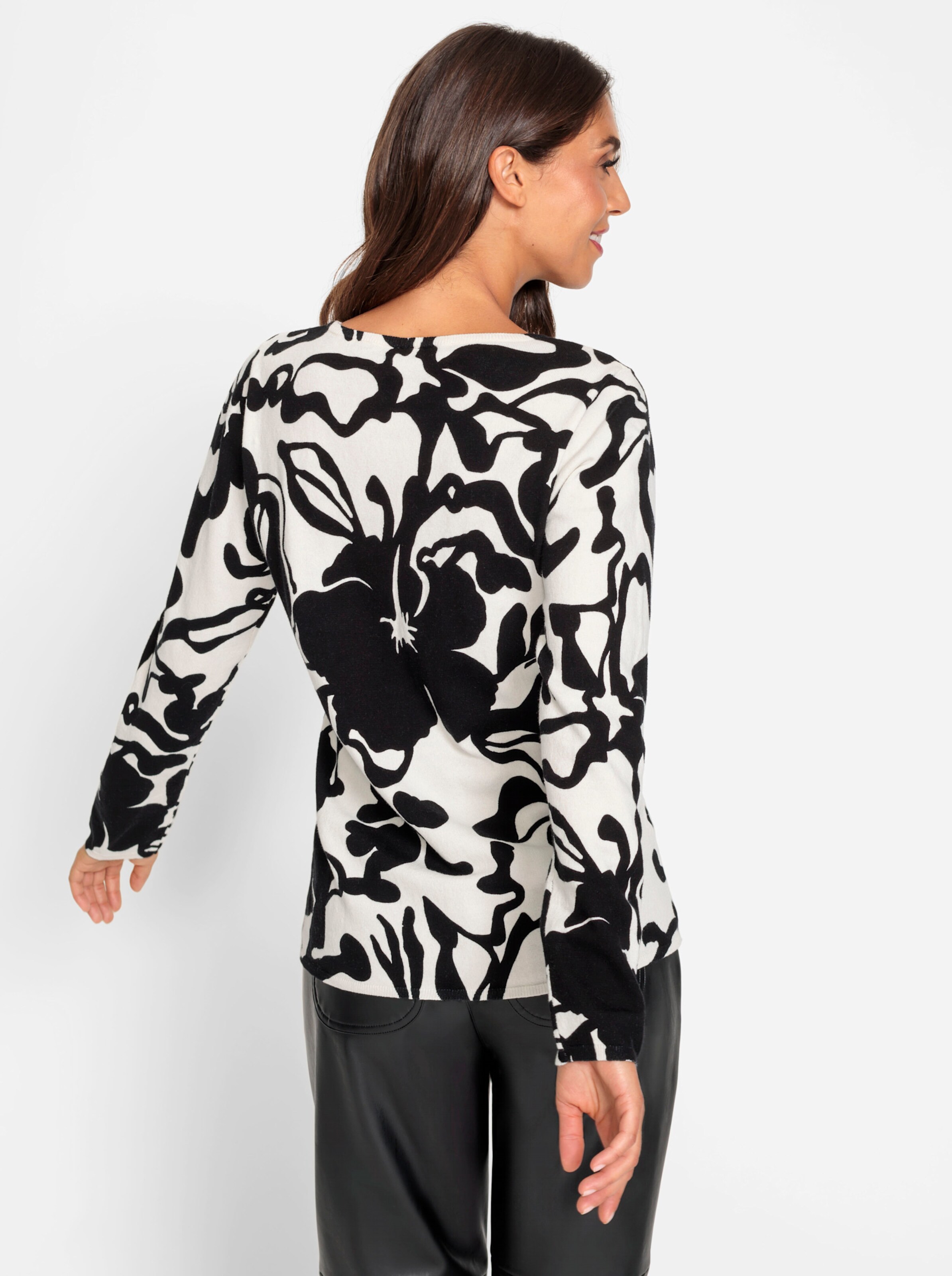 heine Druck-Pullover in champagner-schwarz-bedruckt