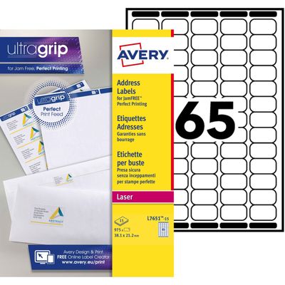 Avery - 975 Mini Étiquettes adresse blanches - 38,1 x 21,2 mm - Impression laser - réf L7651-15