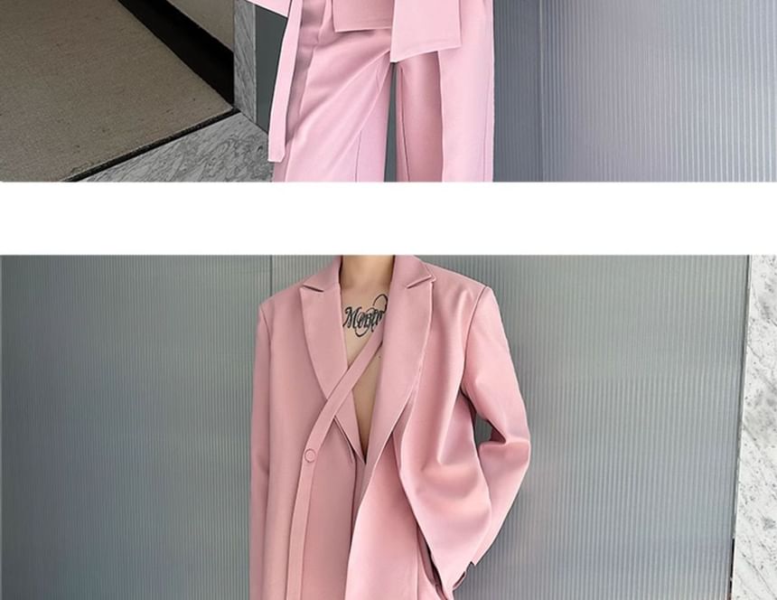 Omozando - Set: Mock Two-Piece Peak Lapel Plain Buttoned Slit Blazer + Mid Rise Wide Leg Dress Pants