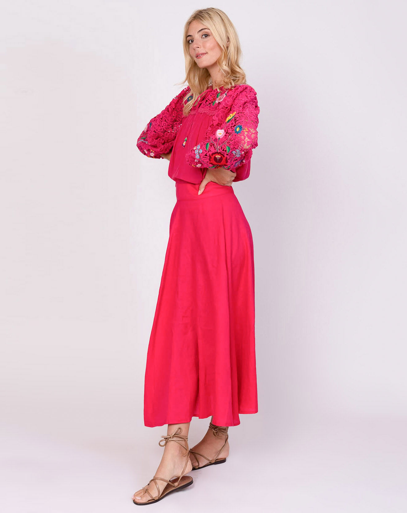 Derhy Jupe 100% Lin Fontaine fuchsia