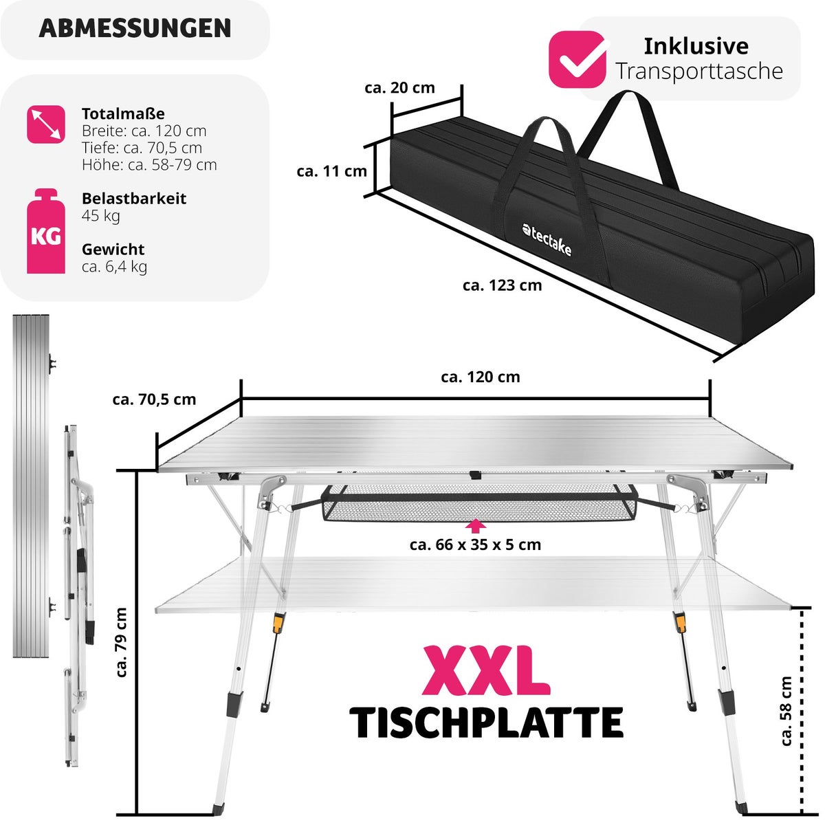 tectake Bastian opvouwbare kampeertafel 120 x 70,5 x 58 – 79 cm