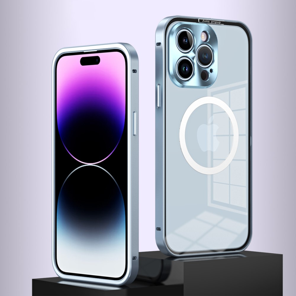 iPhone 14 Pro MagSafe Alu Schutzhülle mit Panzer Glas Backcover   Kameraschutz - Blau