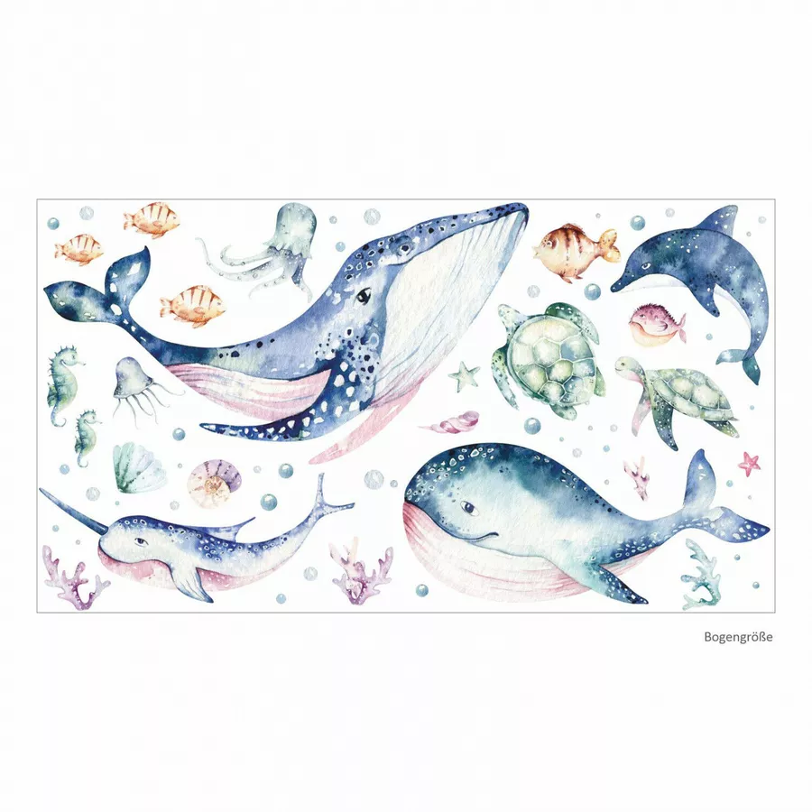 Nikima Wandtattoo 205 Meerestiere Aquarell - Wal Delfin Schildkröten in 6 vers. Größen braun