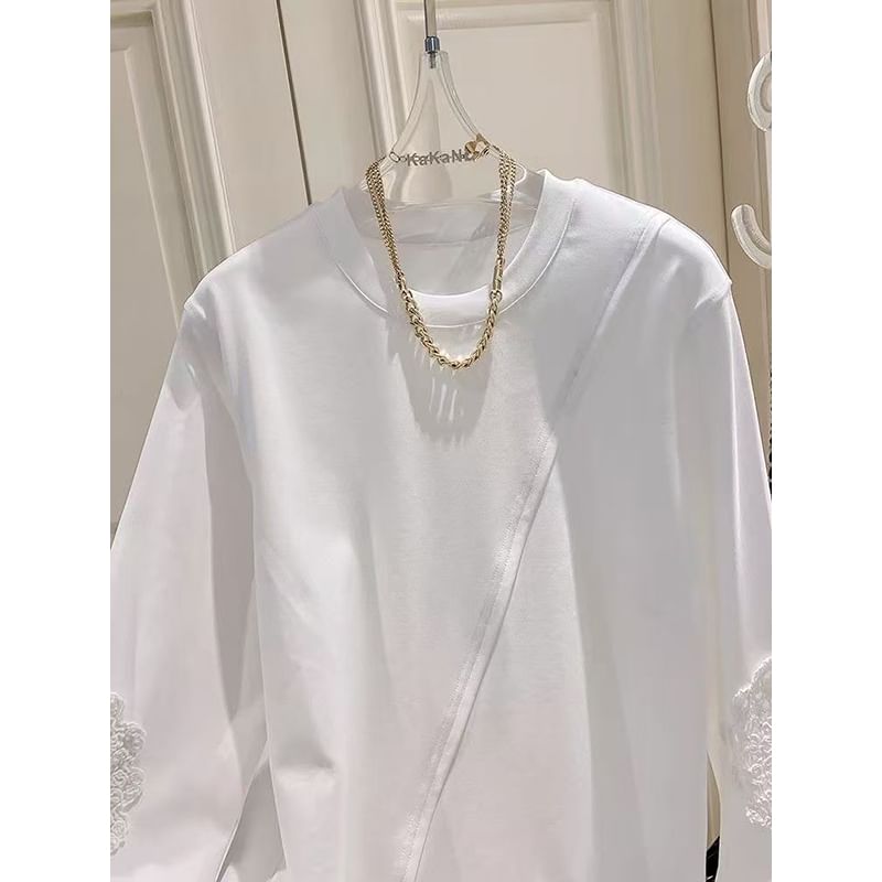 Fluffush - T-shirt met lange mouwen, ronde hals, effen asymmetrisch kantpaneel