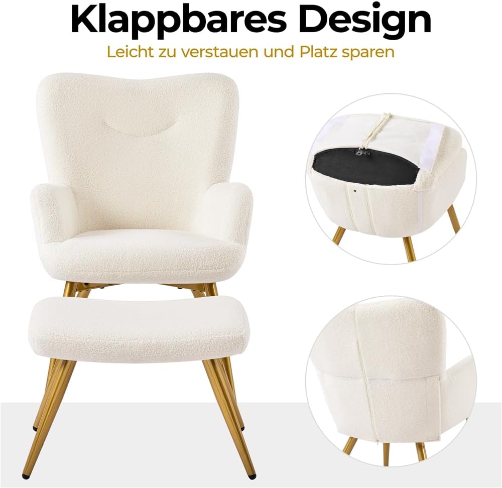 Yaheetech Sessel Ohrensessel mit Hocker aus Boucle-Gewebe, Relaxsessel mit Fußstütze, Loungesessel mit Klappbarer Rückenlehne, Fernsehsessel für Wohnzimmer/Schlafzimmer Elfenbein