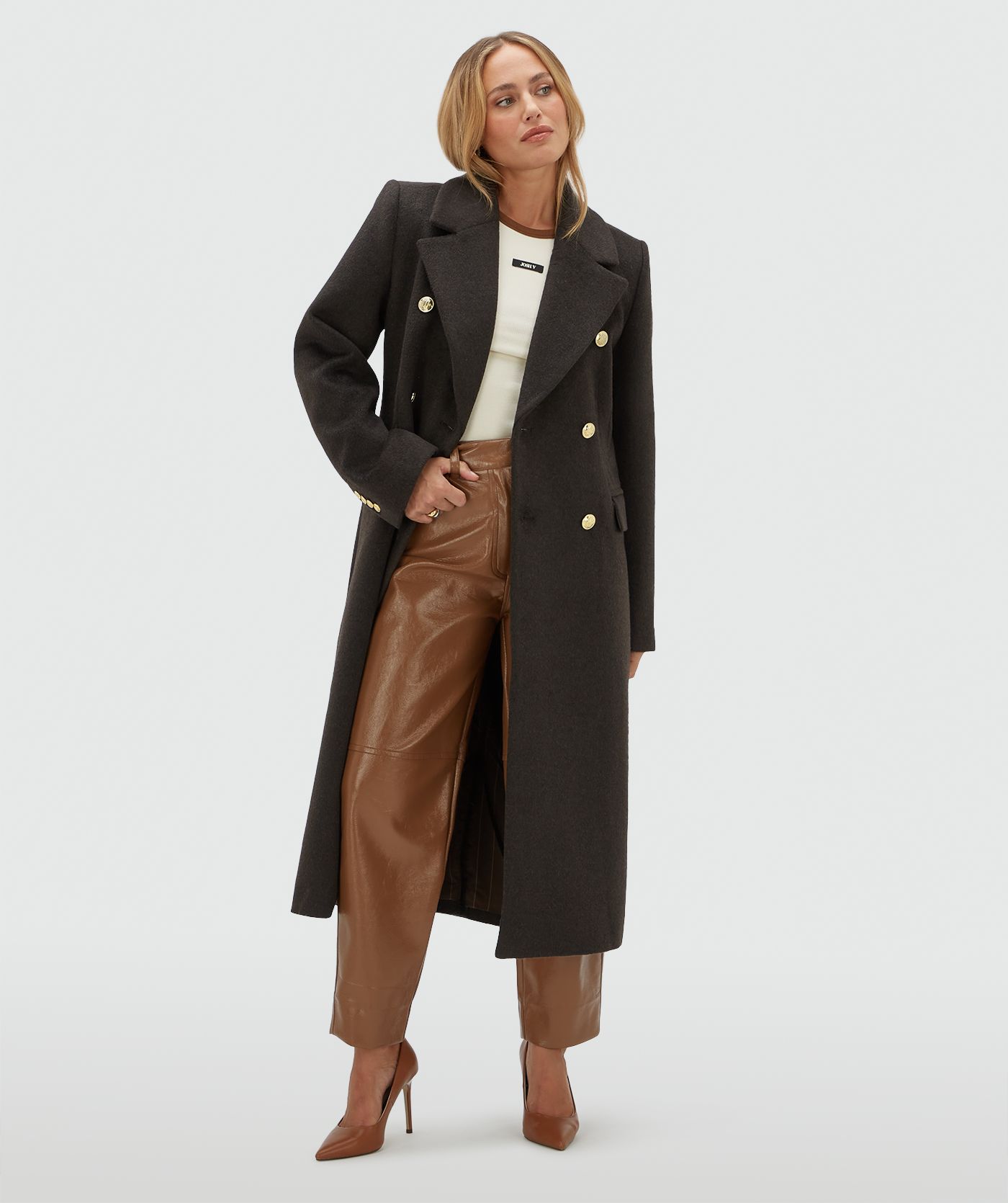 JV-REBECCA regular mantel met wol - dark brown melange